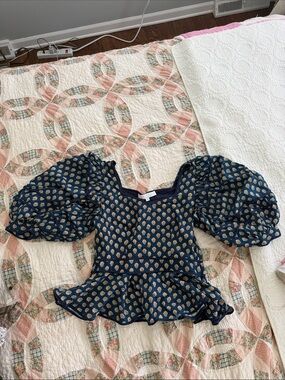 HUNTER BELL Navy Peplum Top with Gold Dot Pattern